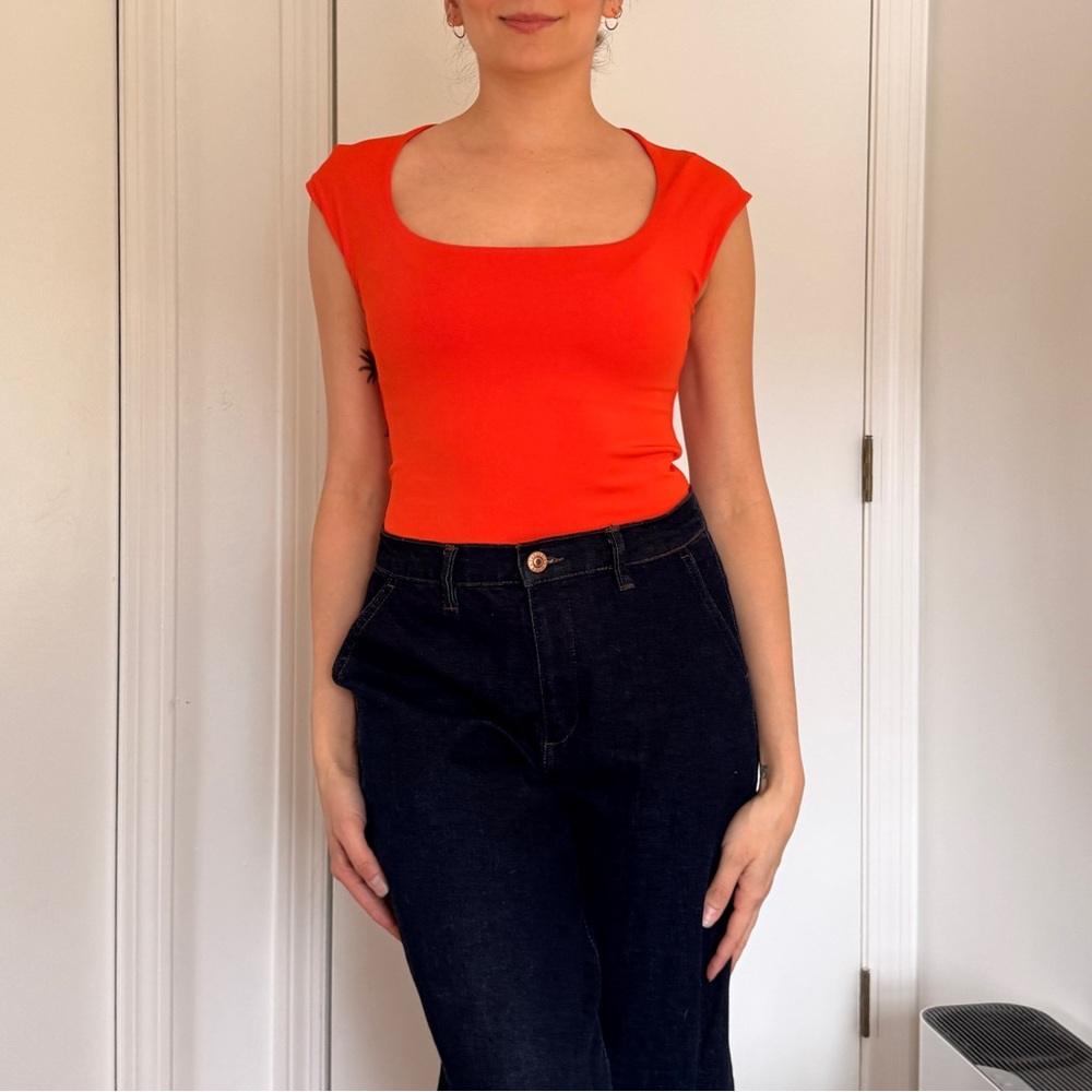 Express Red-Orange Square Neck Cap Sleeve Crop Top